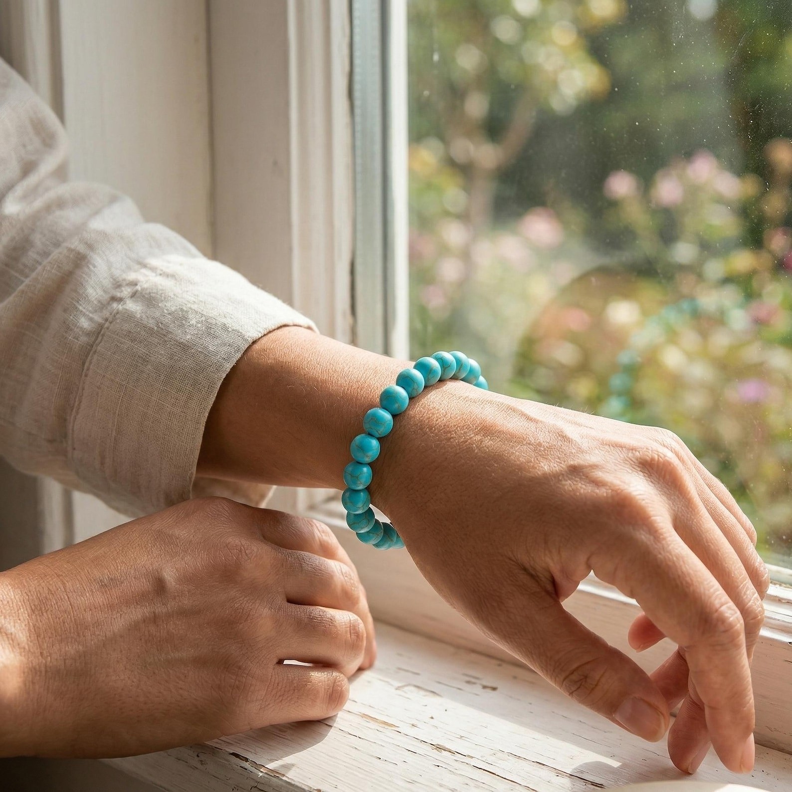 Handmade Turquoise Gemstone Bead Bracelet, Premium Bright Blue Elastic Bracelet