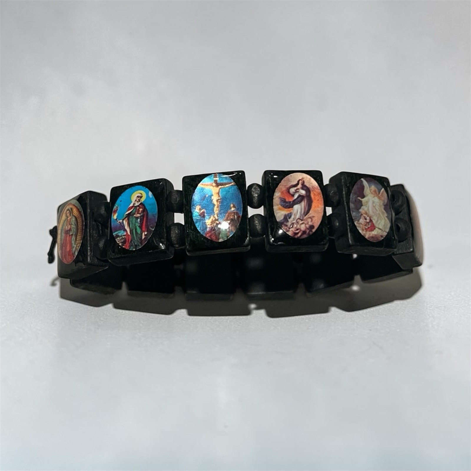 Religious Virgin Mary Jesus Bazo Inspired Stretch Bracelet Wood Black Bleood