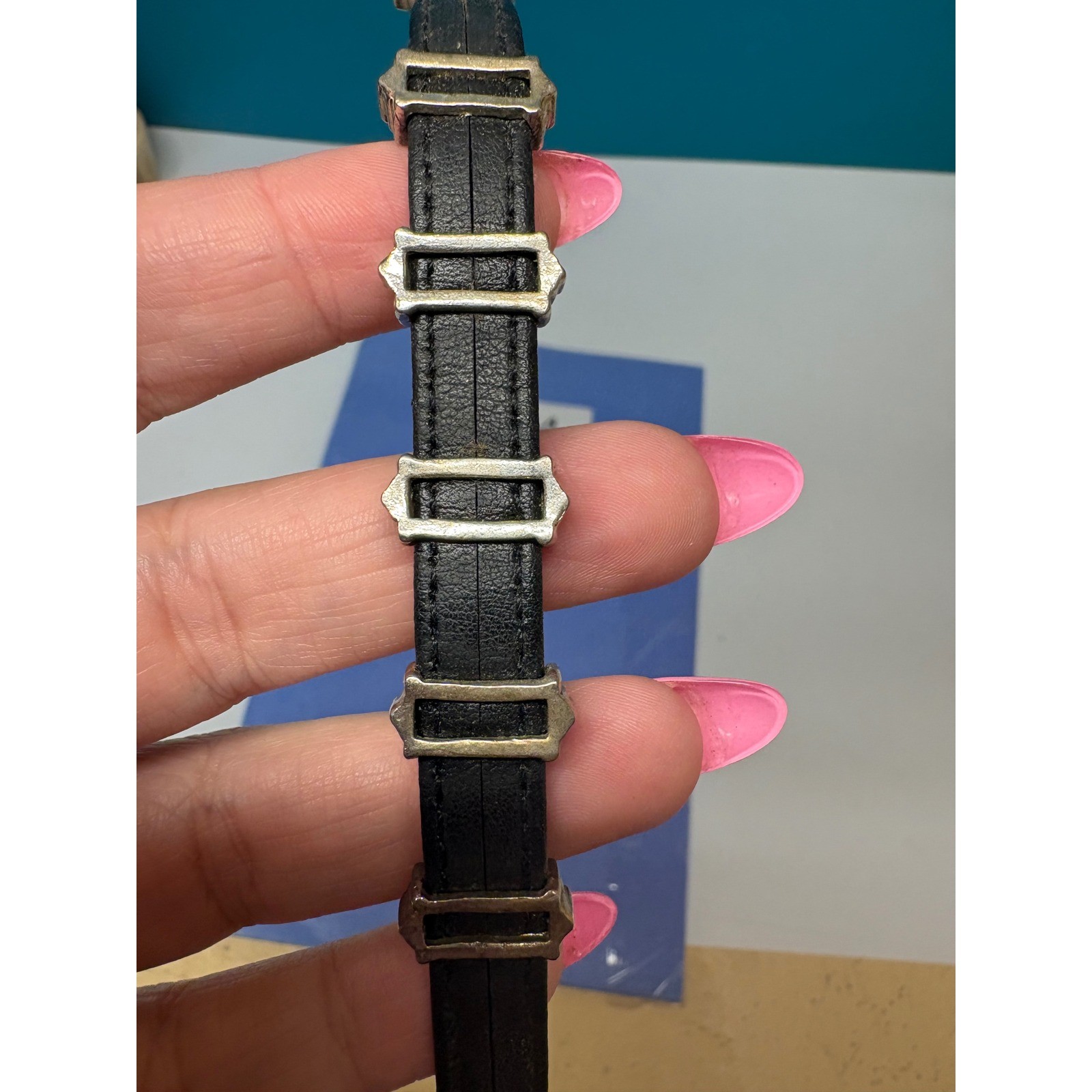 Black Leather Gothic Cross Bracelet Silver Tone Magnetic Clasp Enamel Charms