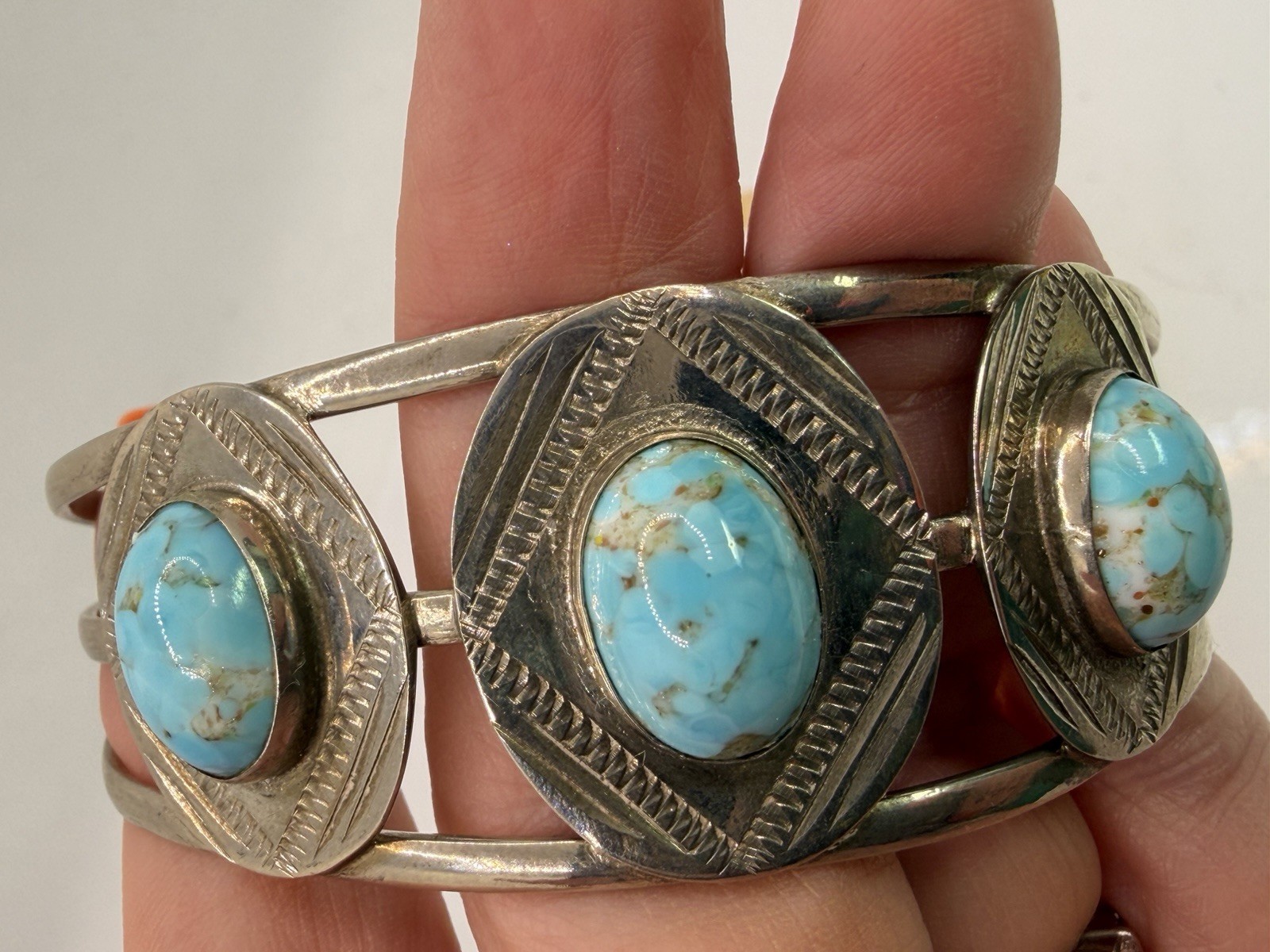 Vintage Silver Tone Large Faux Turquoise Statement Cuff Bracelet Mexico