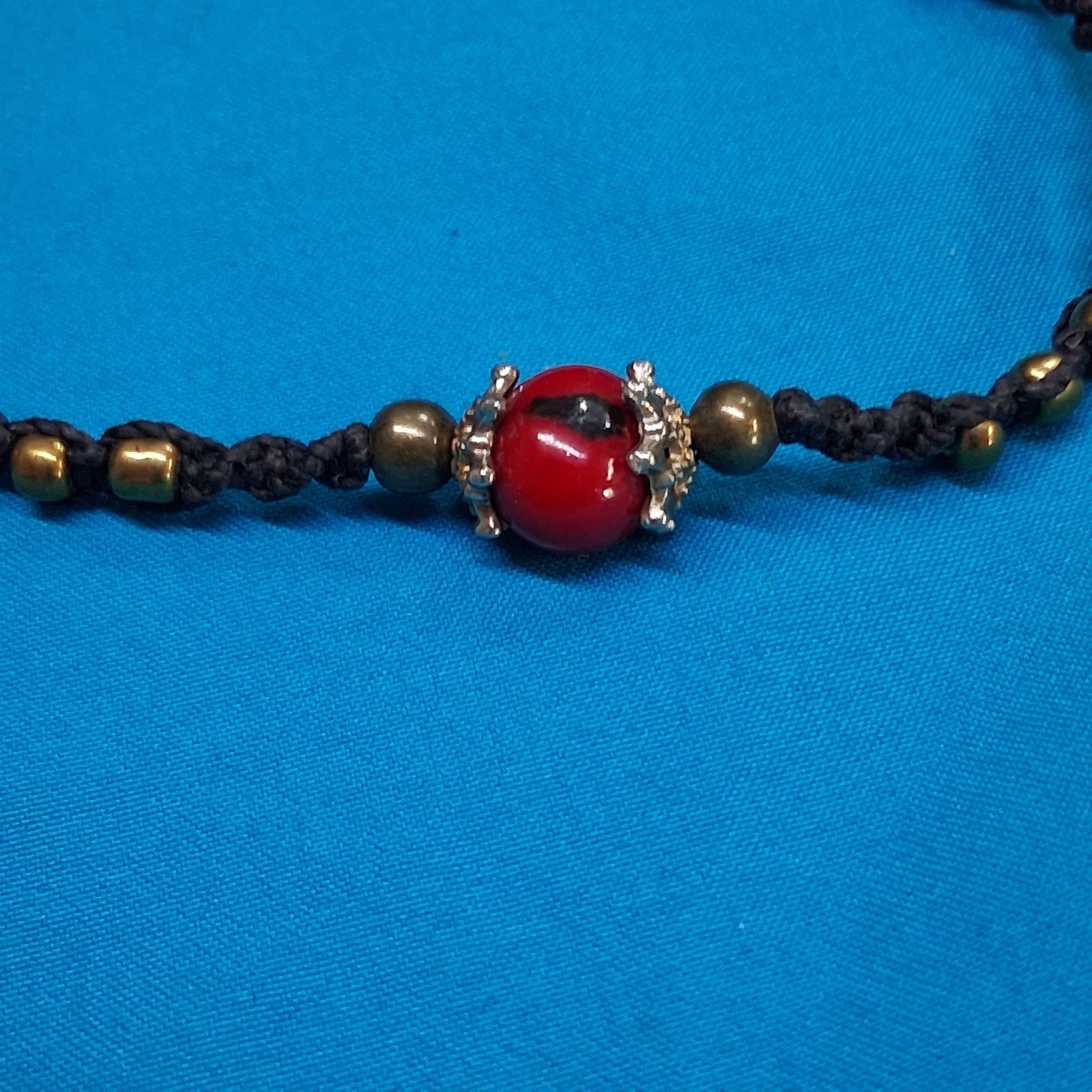 Vintage Red Channel Set Bead Charm Black Azure Cotton Adjustable Cord Bracelet