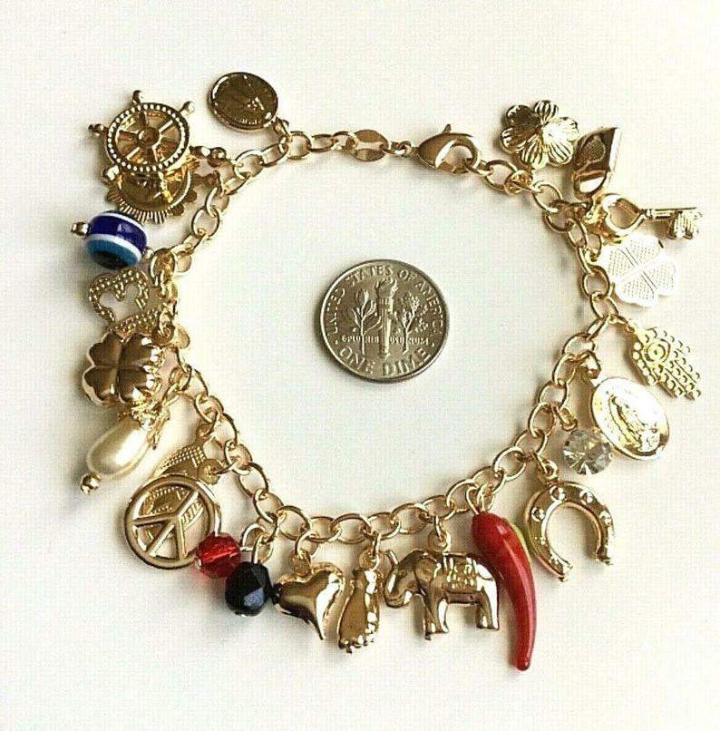 18K GOLD FILLED CHARM BRACELET LUCK,MONEY 7.25” LONG / PULSERA BUENA SUERTE- CB2