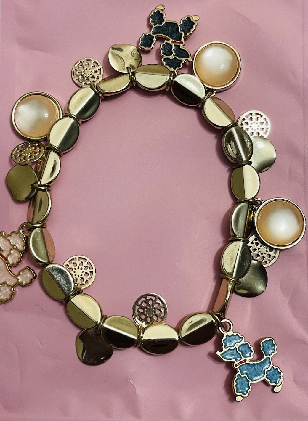 Gold Beaded Lace/Filigree Disks Enamel Charms, Cabochons, stretch bracelet