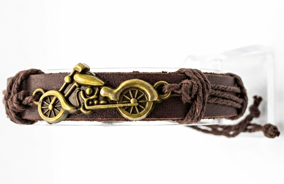 Brown Leather Cord Wrap Bracelet Adjustable Tie w/ Motorcycle Emblem