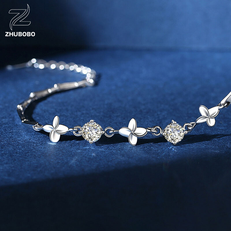 2pcs 5mm/0.5ct 1cttw Moissanite D Color Lucky 4 Leaf Clover S925 Silver Bracelet