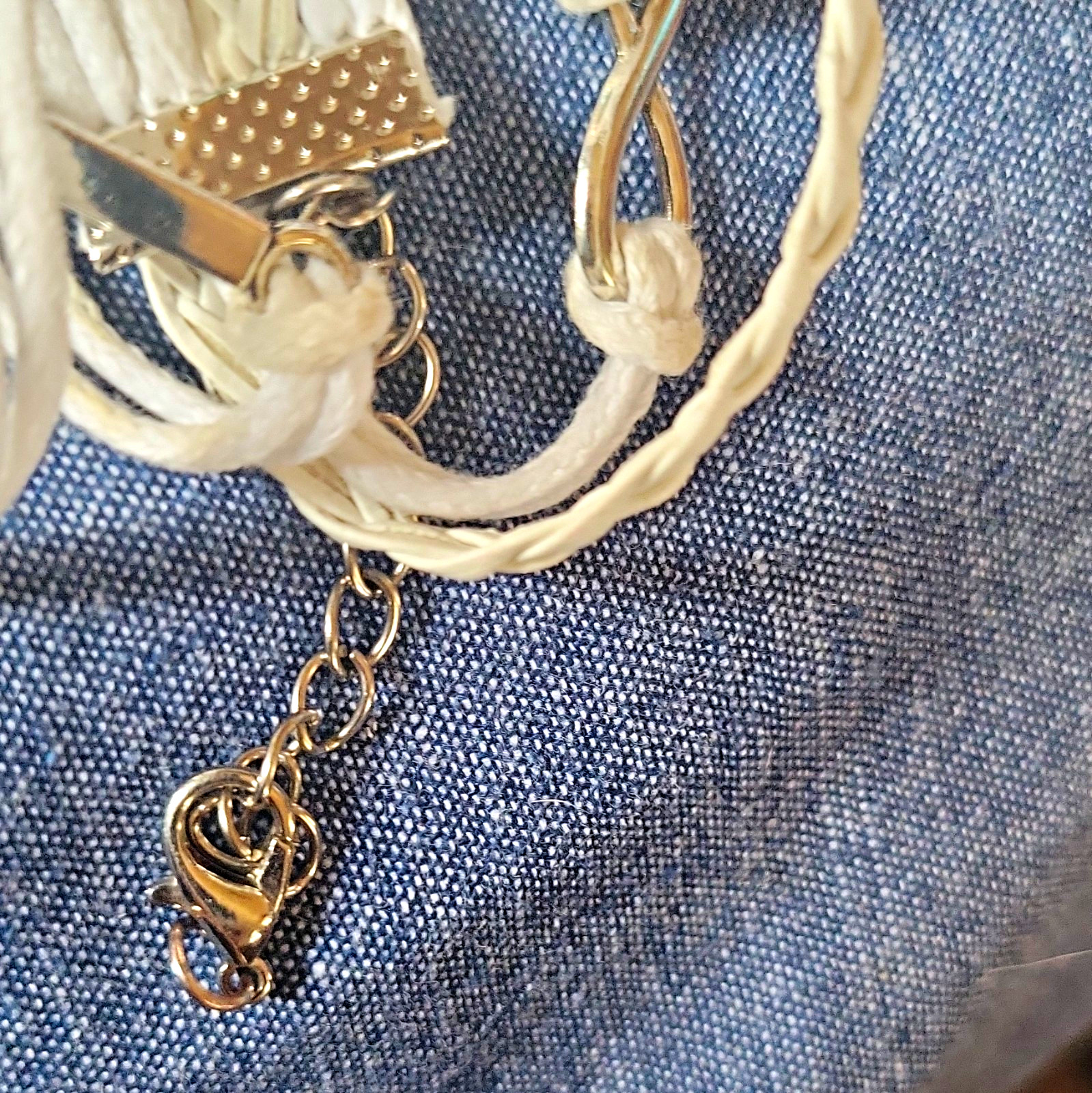 White Cord Wrap Bracelet Silver Tone Lobster Closure Adjustable Cable Chain