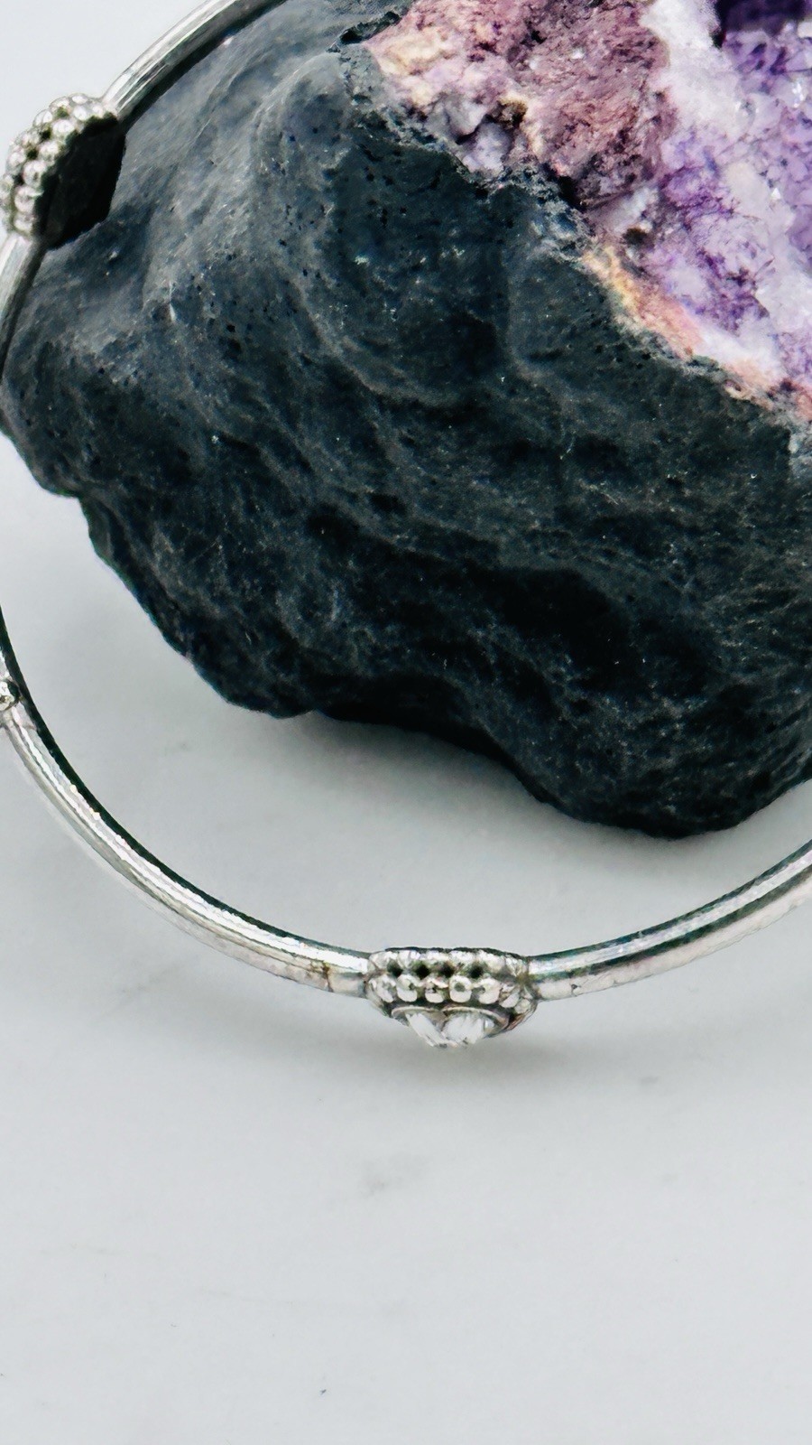 Brighton Crystal Heart Bangle Bracelet Silver Plated Beaded 7-8 In Hinged