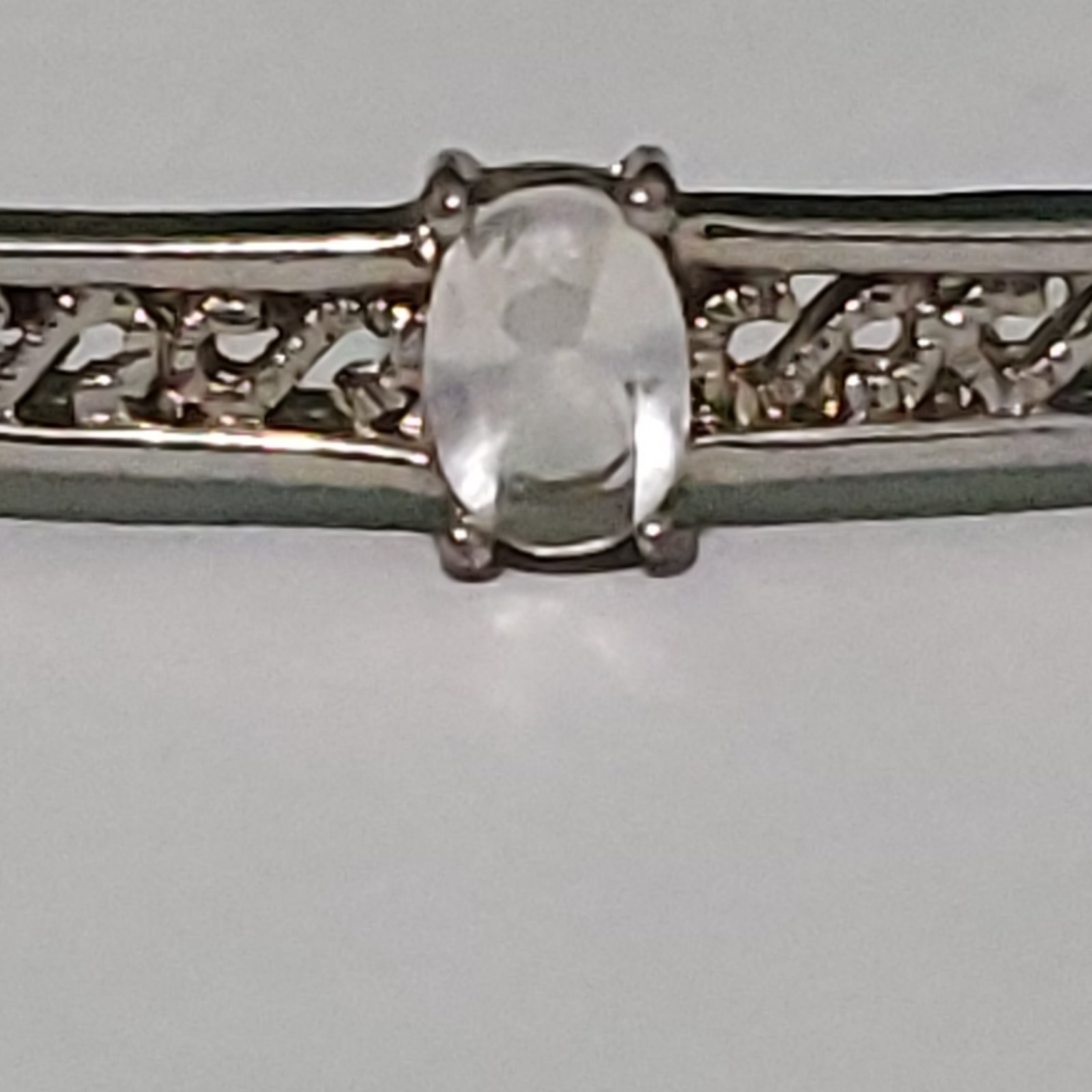 Sterling Silver Metal 925 Bangle Bracelet w/ Prong-Set Oval Clear Stone Filigree