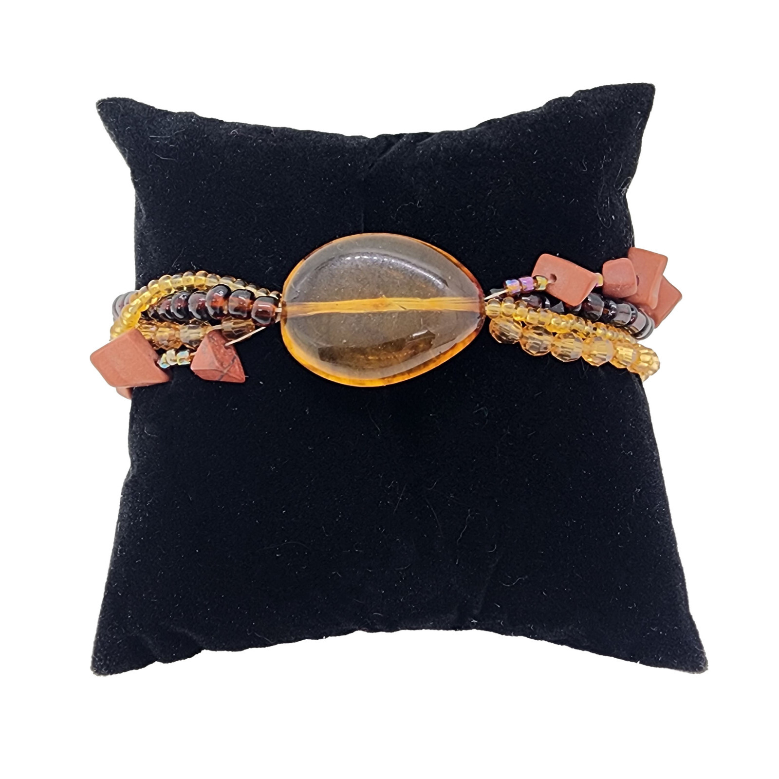 Lot of 2 Beaded Bracelets Brown Yellow Cognac Orange Elastic Gold Tone Charms