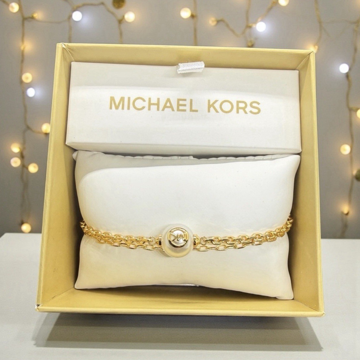 MICHAEL KORS Gold-Tone Chain Slider Bracelet with Monogram Faux Pearl/NWT