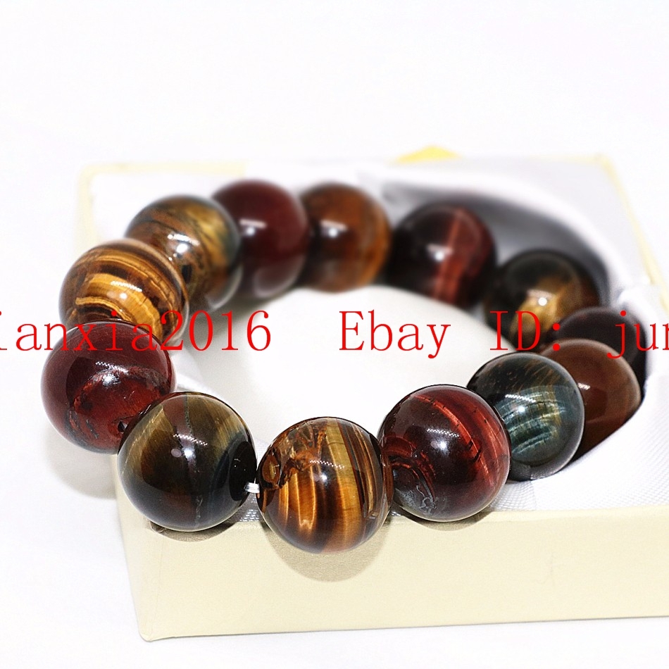 Huge 16mm Yellow Red Roar Tiger’s Eye Gemstone ROund Bracelet 7.5”