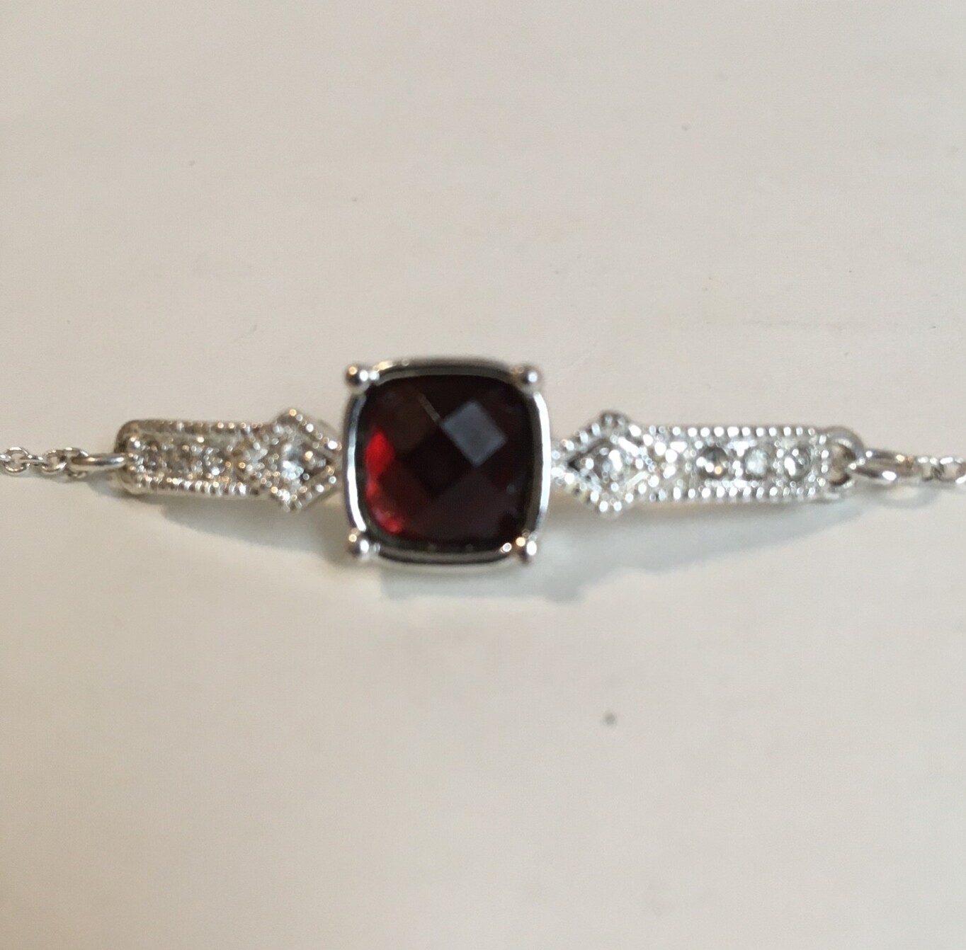 Red Rhinestone Bracelet Silver Tone Metal Chain Square Stone Adjustable Length