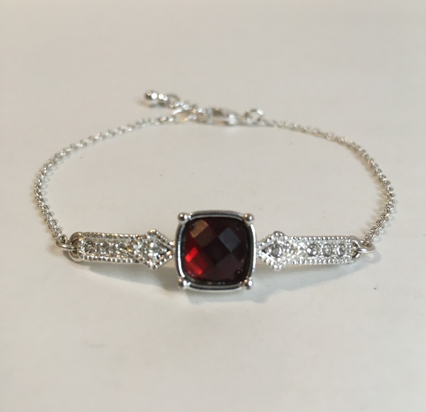 Red Rhinestone Bracelet Silver Tone Metal Chain Square Stone Adjustable Length