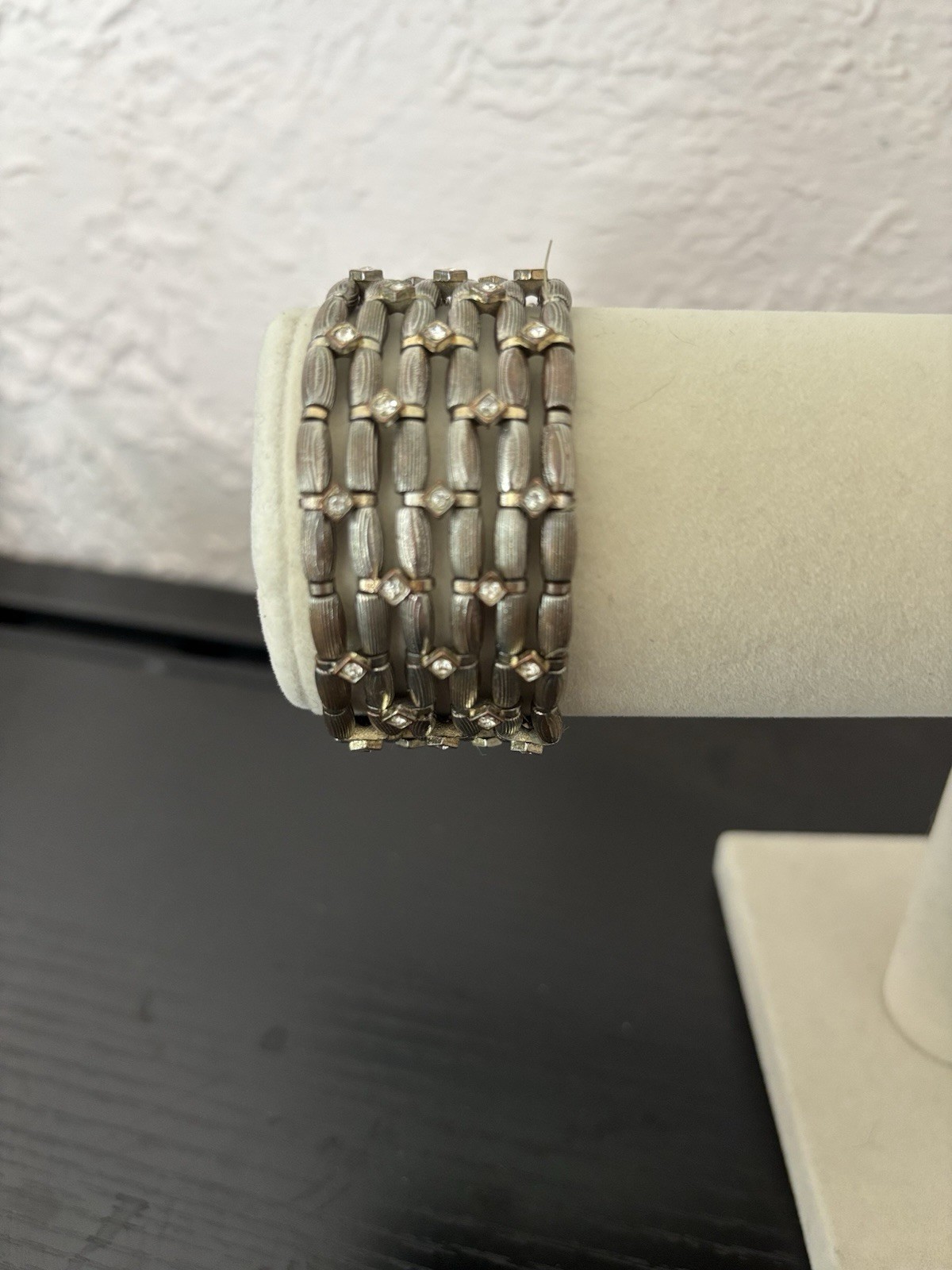 Silver-Tone Stretch Bar Link Chain Bracelet | Clear Round Bezel Crystals