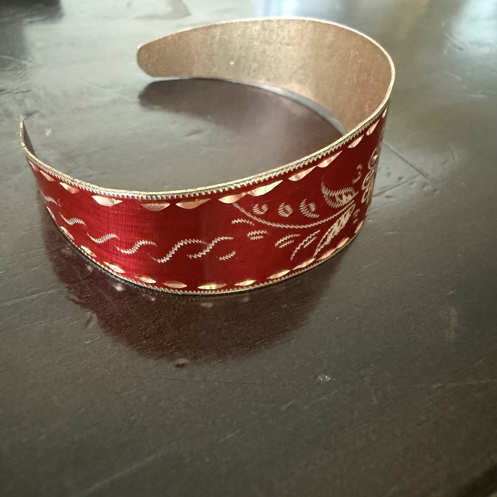 Turkish Handmade Etched Copper Wide Cuff Bracelet Red Adjustable