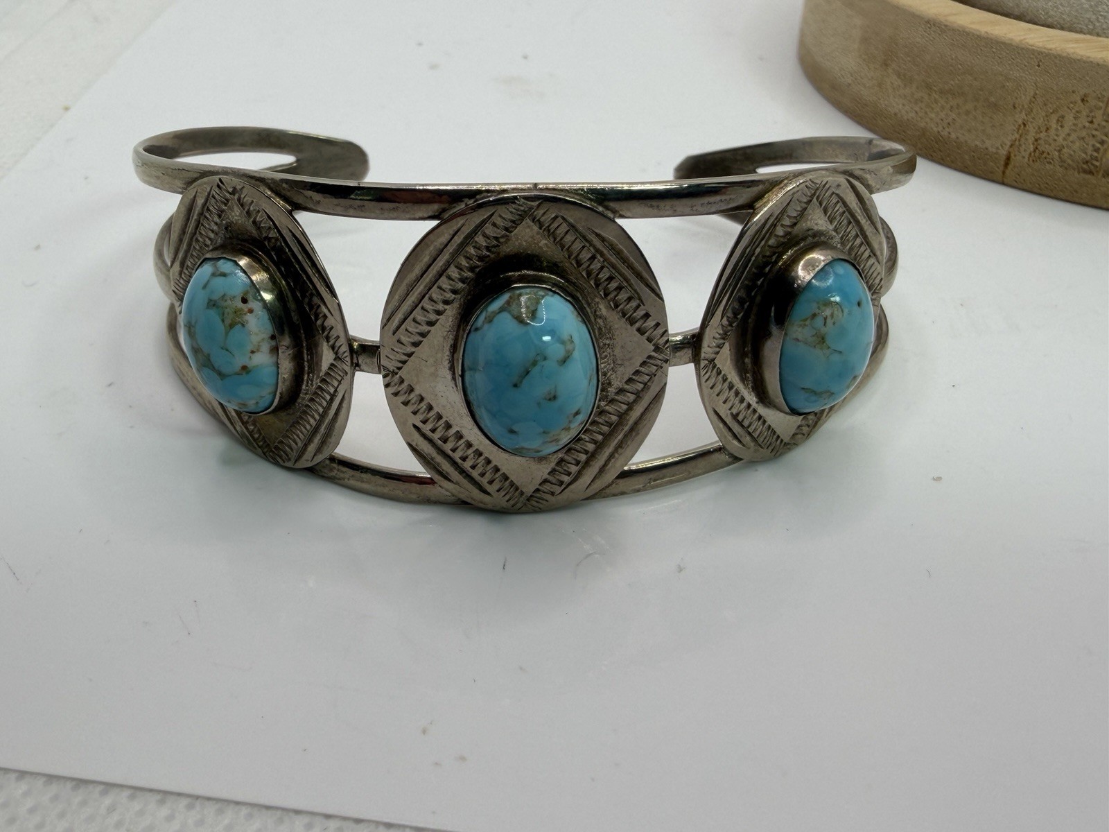 Vintage Silver Tone Large Faux Turquoise Statement Cuff Bracelet Mexico