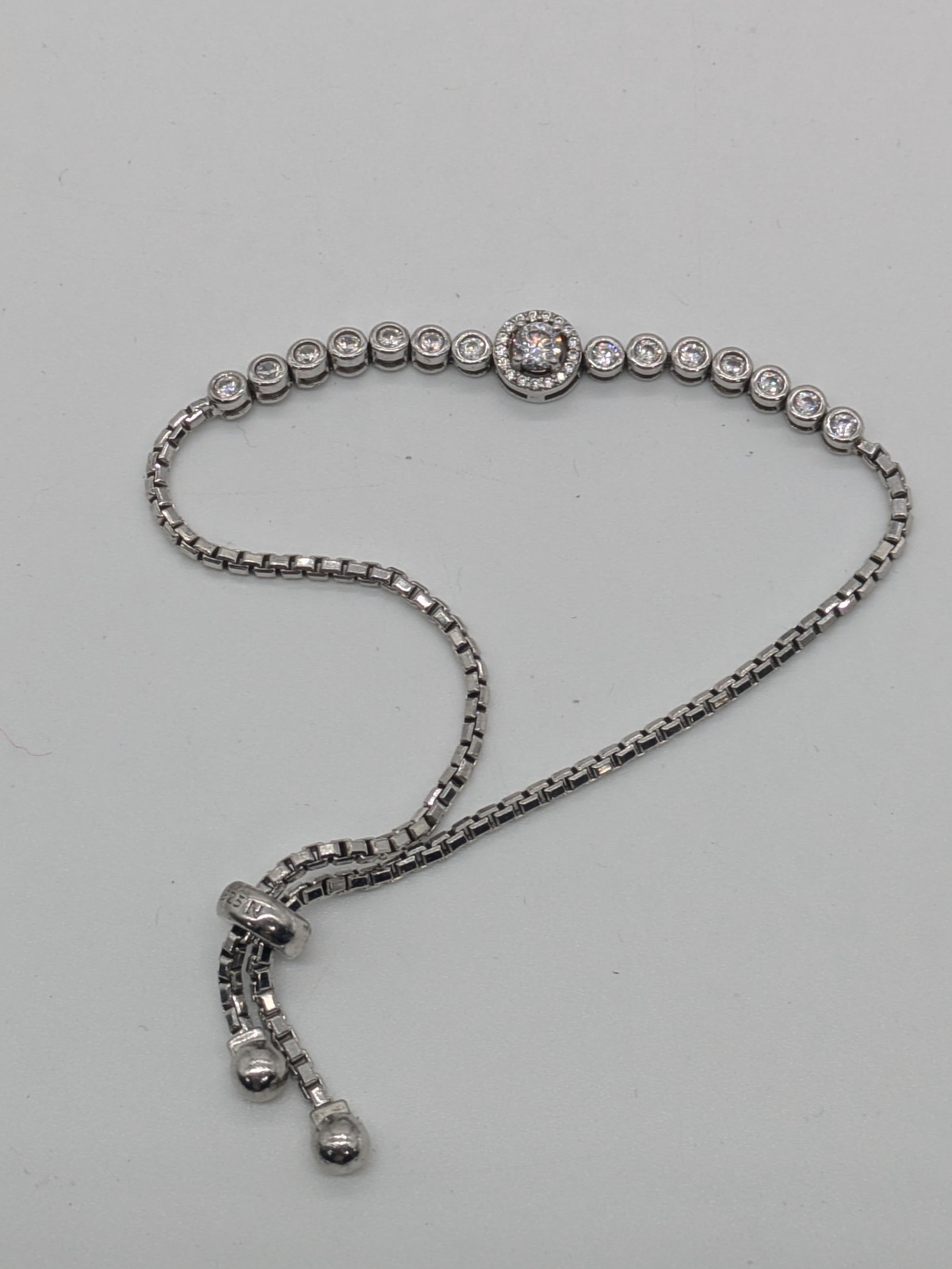 Rhodium Plated 925 Sterling Silver Adjustable Simulated Diamond Bolo Bracelet