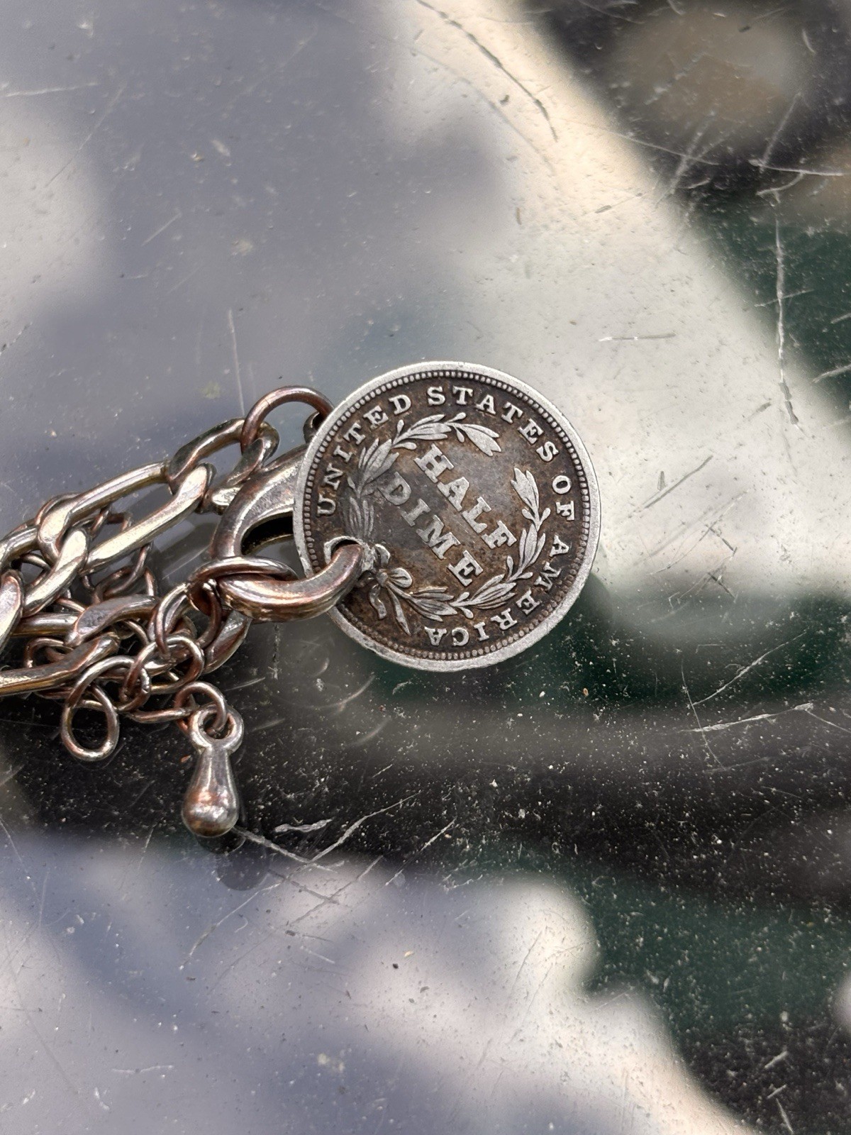 1838 Half Dime Coin Dangle Charm Silver Metal Curb Chain Bracelet Lobster Clasp
