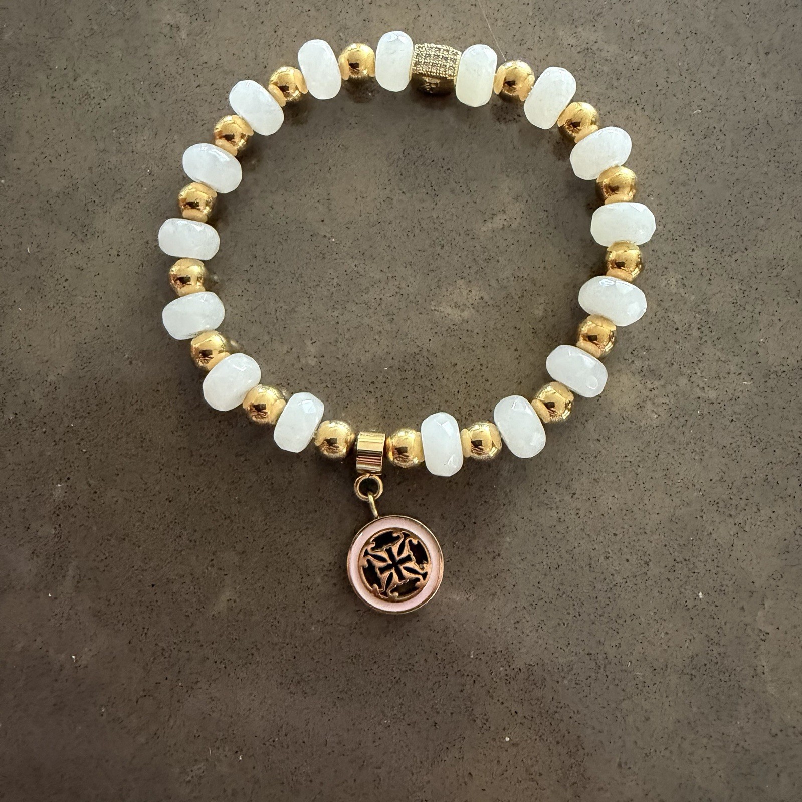 Rustic Cuff White Bracelet Gold Tone White Enamel Logo Charm Stretch 7”