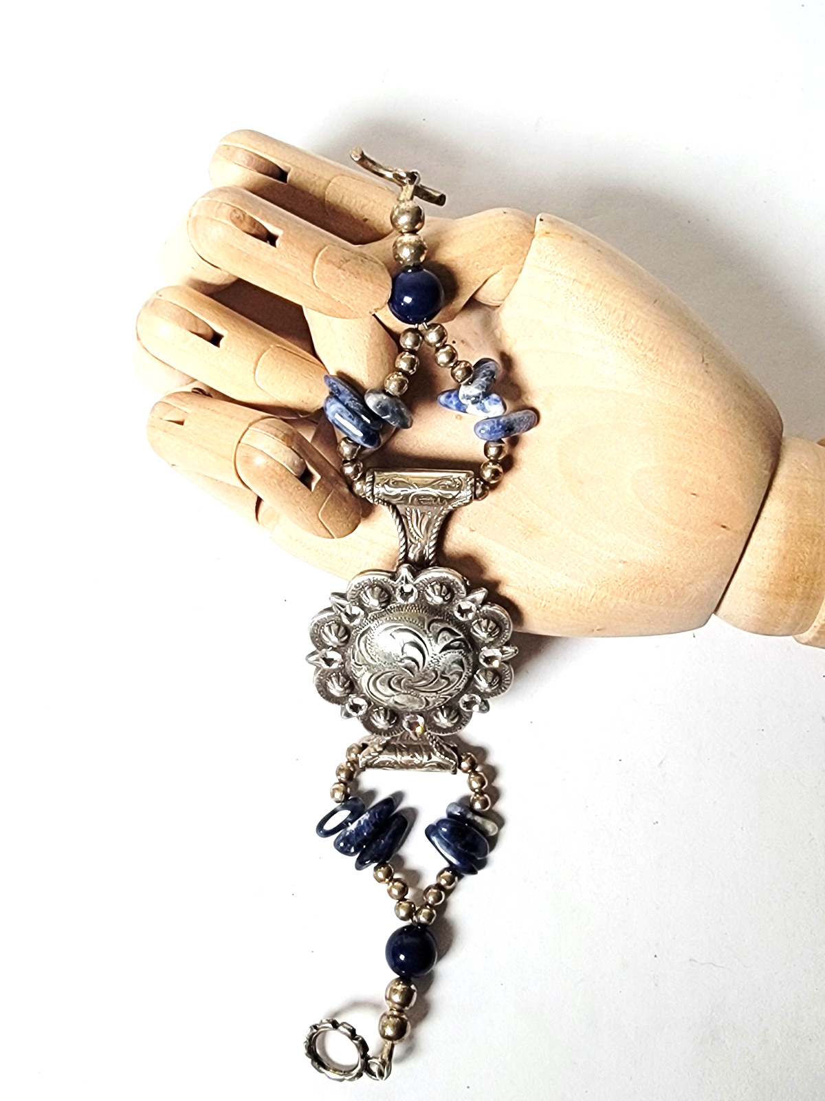 Trigg Leather Bracelet Blue Beads Silvertone Metal Toggle Closure Crystal Studs