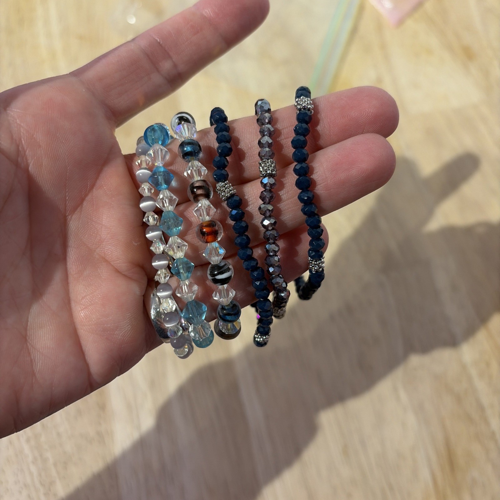 Beaded Stretch Bracelets Set of 6 multiple colors and hues. Elastic shimmery