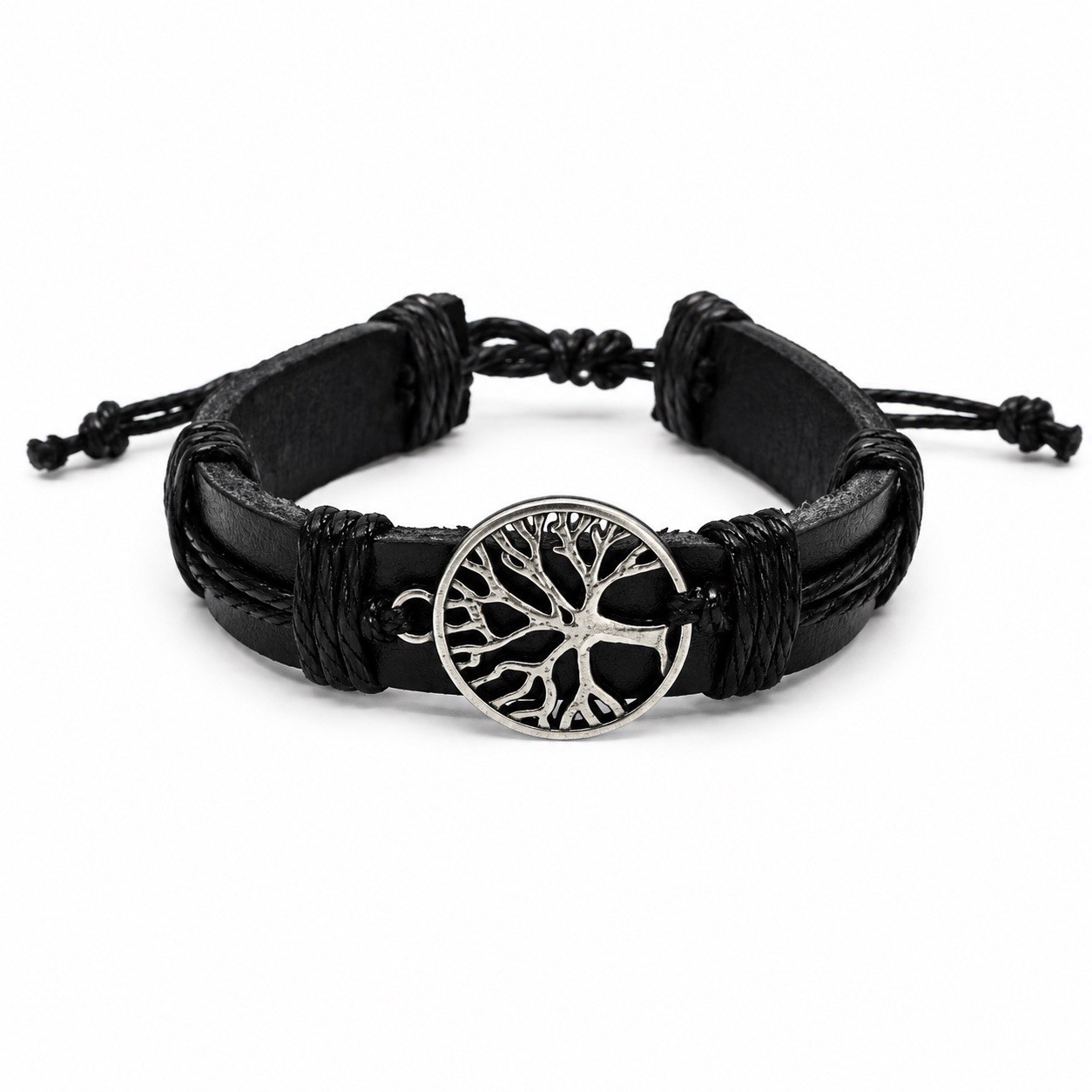Tree of Life Black Leather Bracelet – Adjustable Unisex Braided Cord