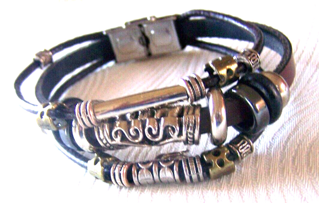 Boho Stainless Steel Multi Charm Cord Metal Bracelet Silver Tone