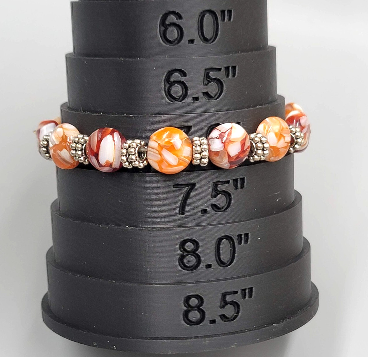 Glass Bead Stretch Bracelet Red White Orange White Silver tone 7″