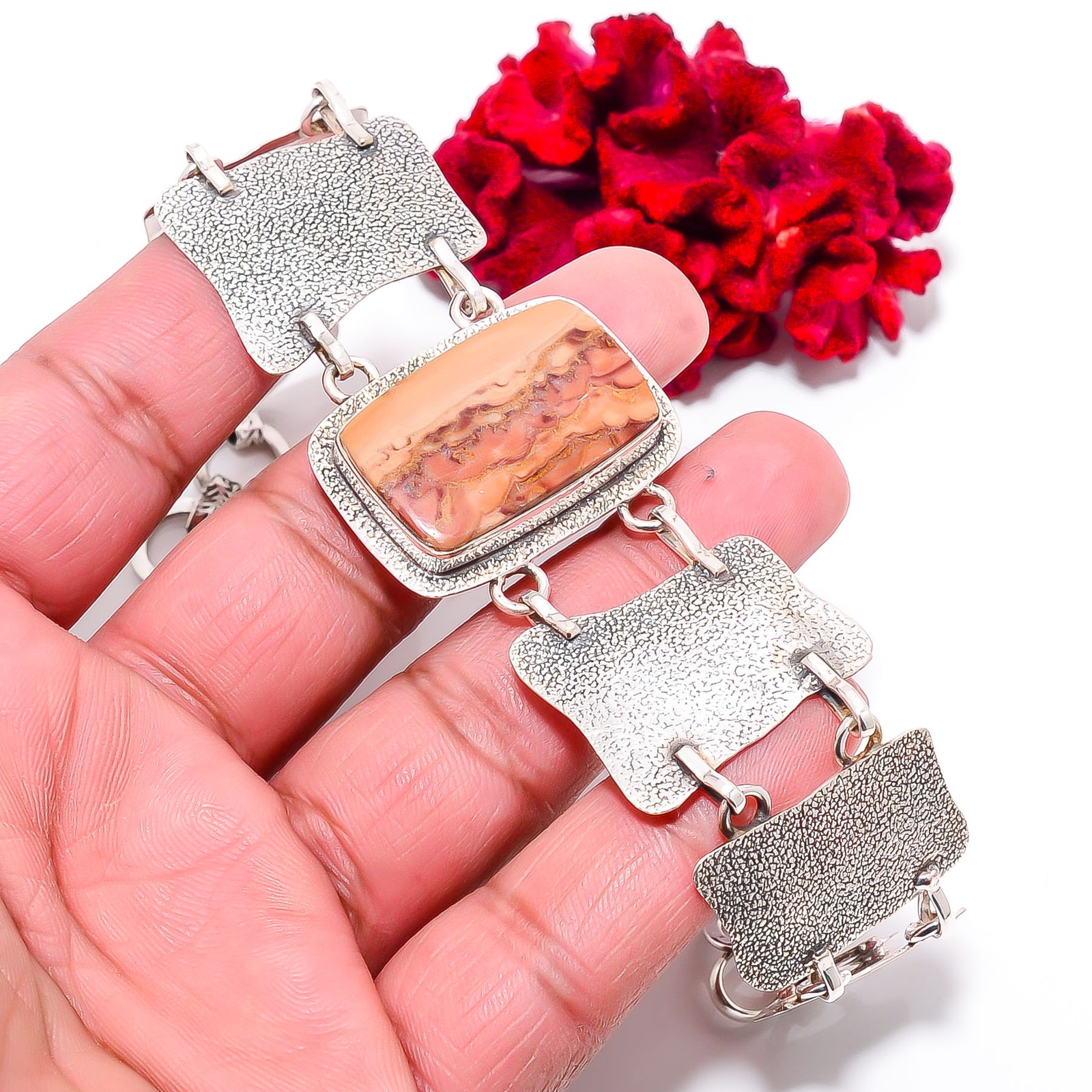 Wave Dolomite – Mexico 925 Sterling Textured Silver Bracelet 8.99″ B8439