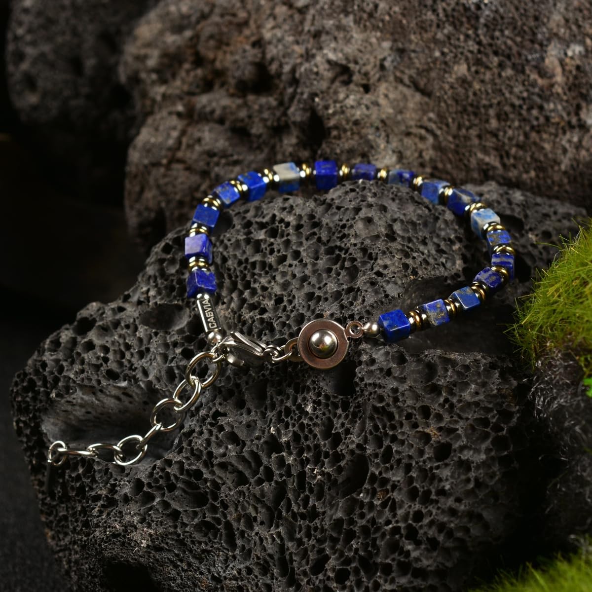 Handmade Lapis Lazuli Hematite Mens Bracelet, Stainless Steel Dual-Clasp, Adj…