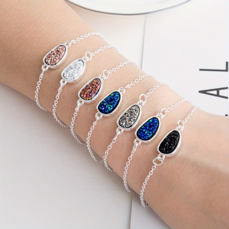 6Pcs Multicolor Bracelets Silver Chain Adjustable Oval Stone Charm Bracelet