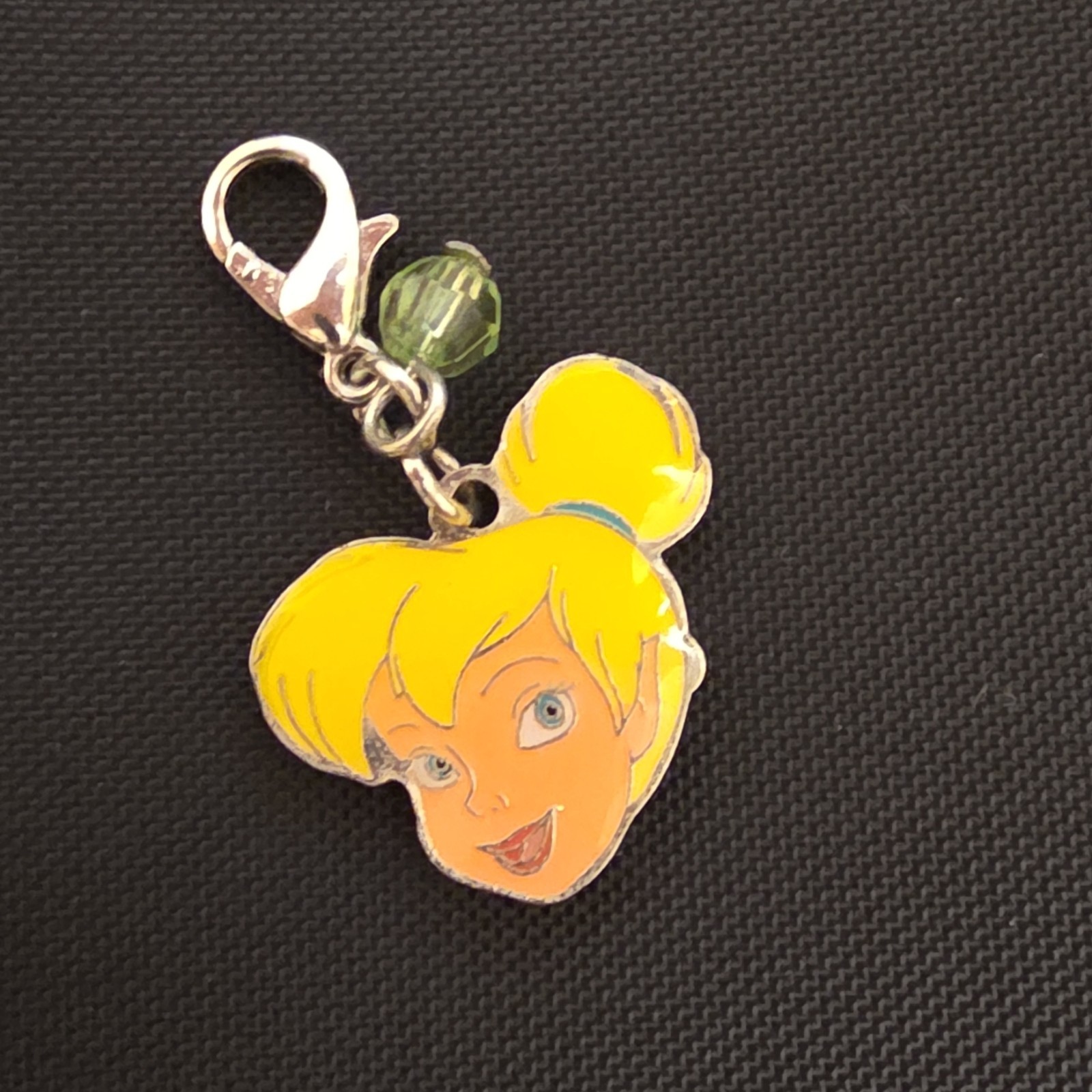 Yellow Enamel Girl Face Dangle Charm Lobster Clasp Green Crystal
