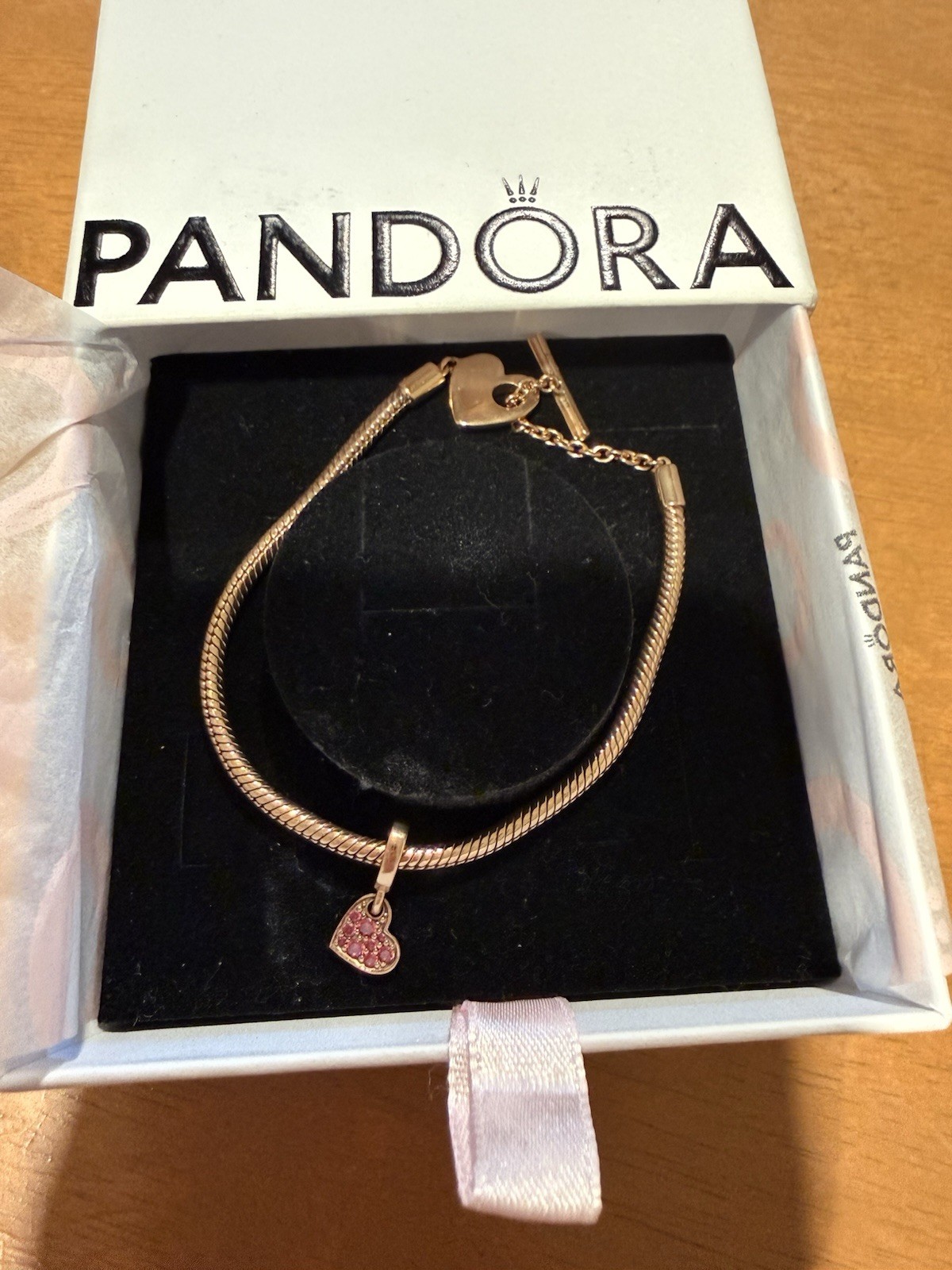 Pandora Moments Heart T-Bar Snake Chain Bracelet- Rose Gold With Heart Charm