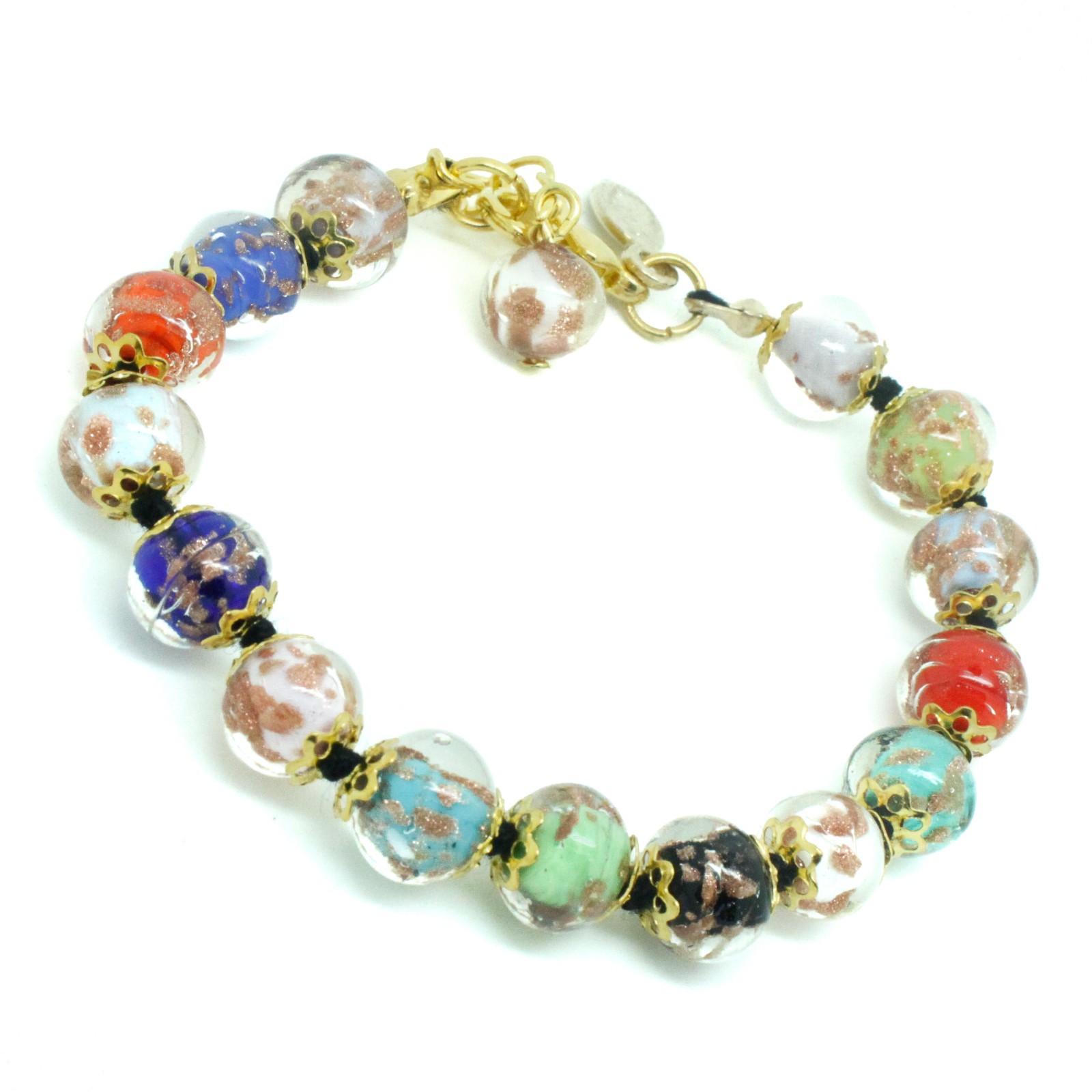 Murano Glass Bracelet Multi Coloured Bronze Gold Handmade 15 Sommerso Beads