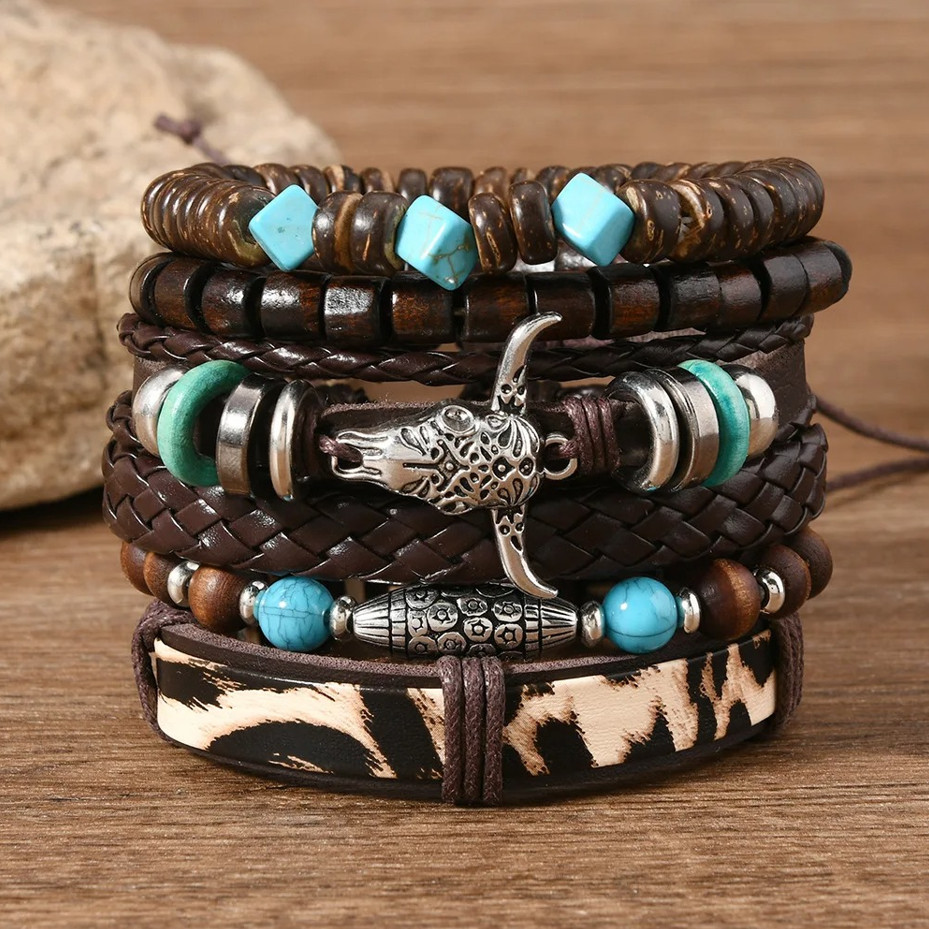 5-6pcs Bohemian Evil Eye & Feather Charm Bracelets Set – Adjustable Ethnic Jewel