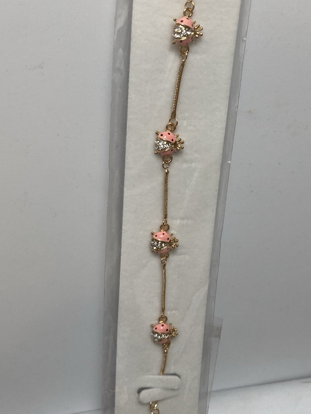 18k Gold GP Enamel & Cubic Zirconia PINK LADYBUGS Bracelet 7 – 8 in