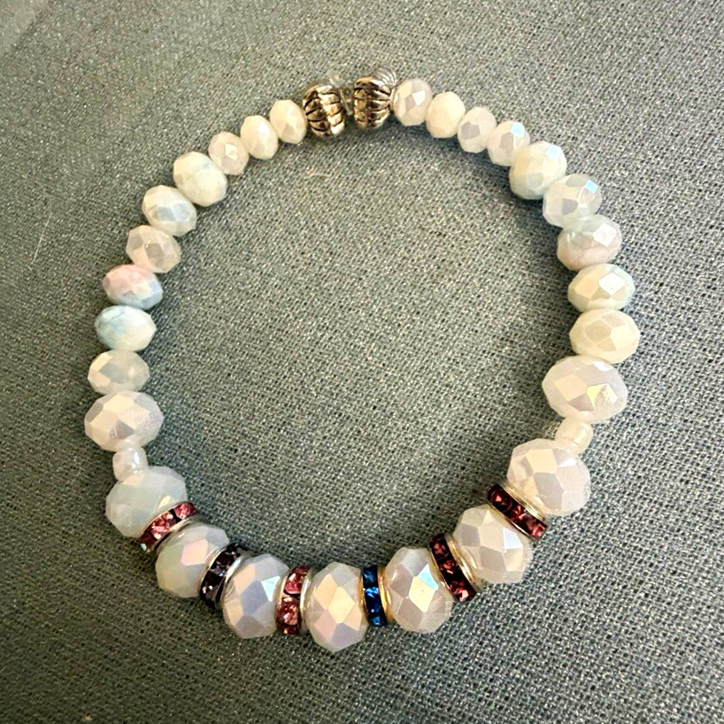 White & Gray Round Beaded Stretch Bracelet No Clasp Ball/Bead Chain Beads