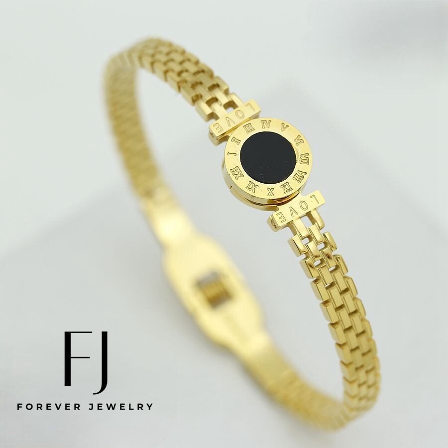 Women’s Stainless Steel Onyx Cuff Bangle Love Roman Numeral Gold plated Box