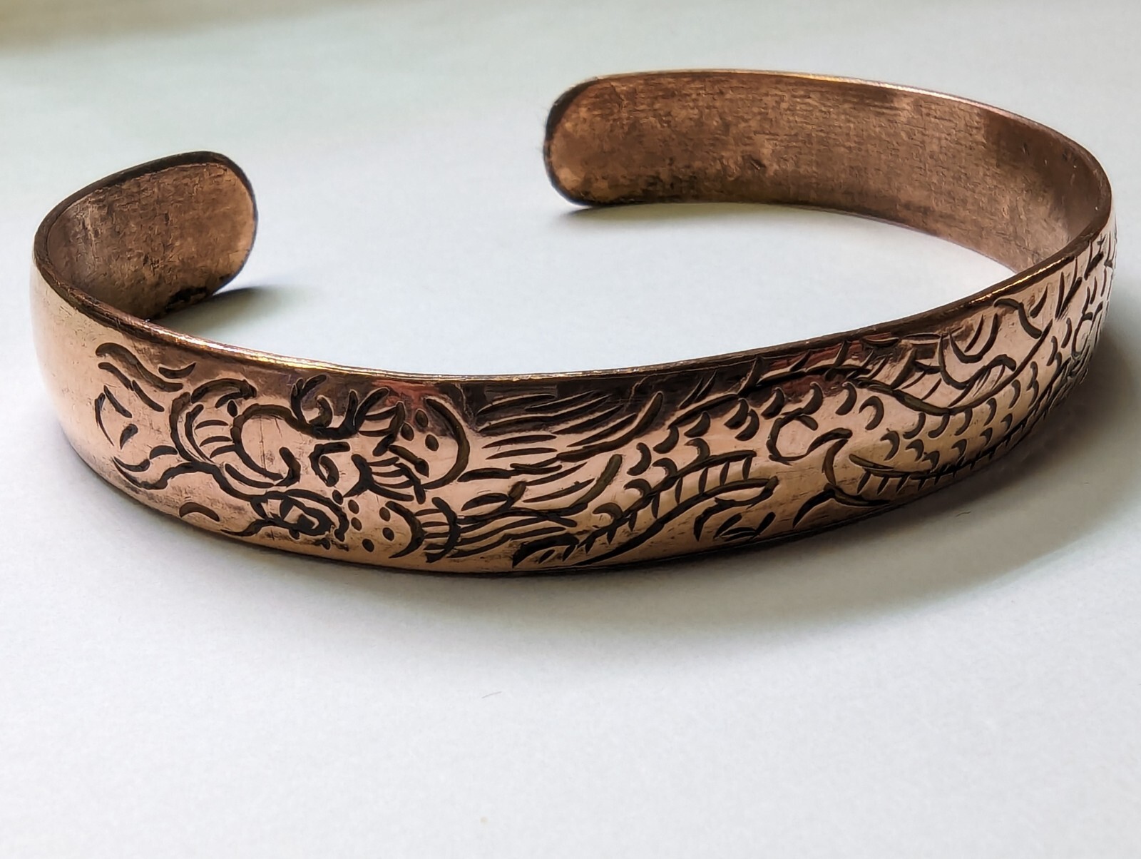 Copper Tibetan Cuff Bracelet. Hand Carved DRAGON Design. Unisex. Adjustable Fit.