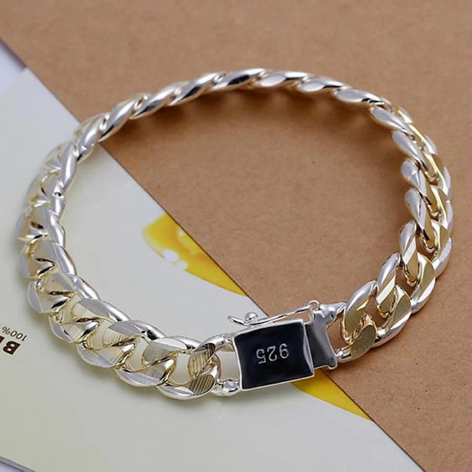 2x 925 Sterling Silver Solid 12mm chain Bracelet men women Chain fashion Jewelry