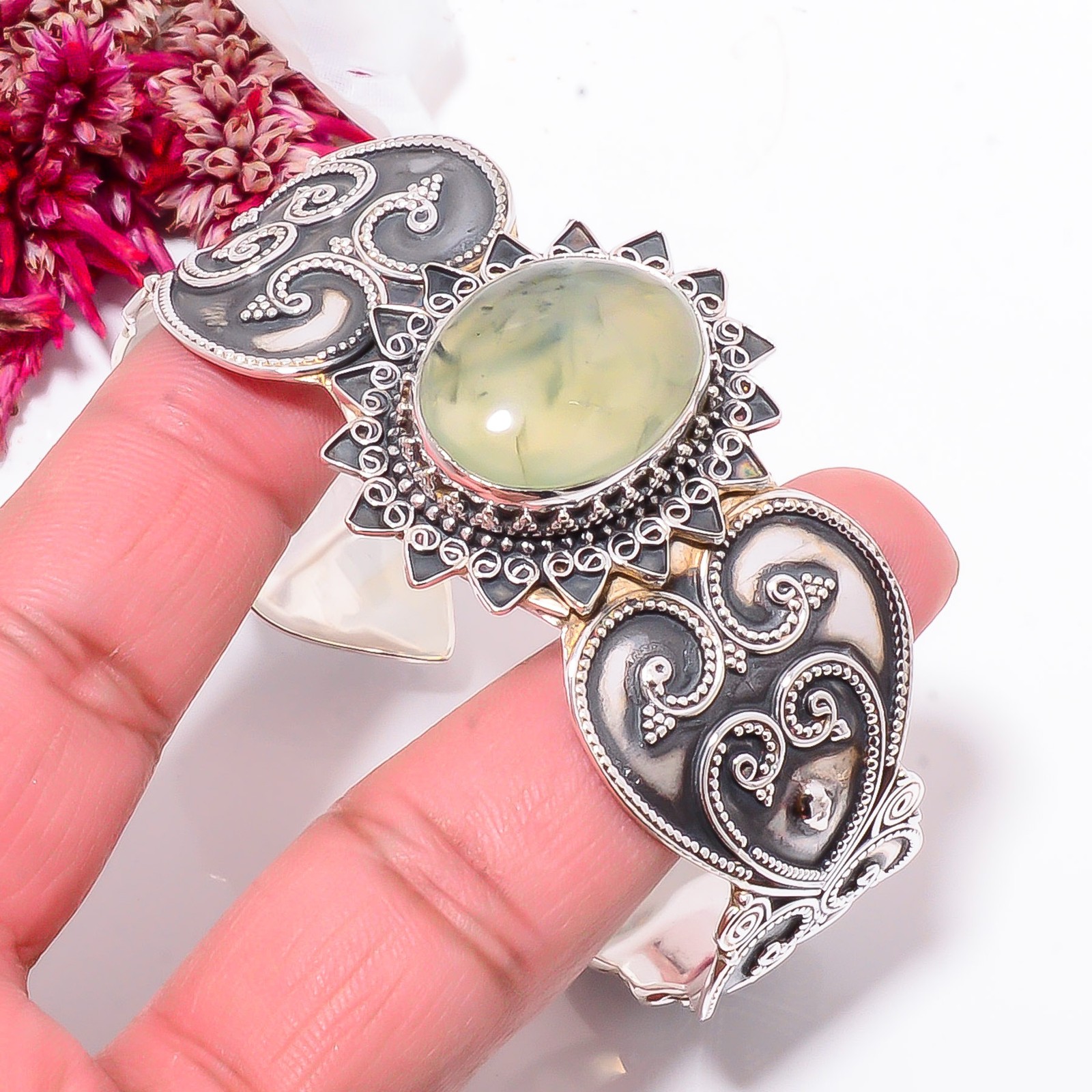 Prehnite – South Africa 925 Sterling Silver Bali Cuff|C968358543