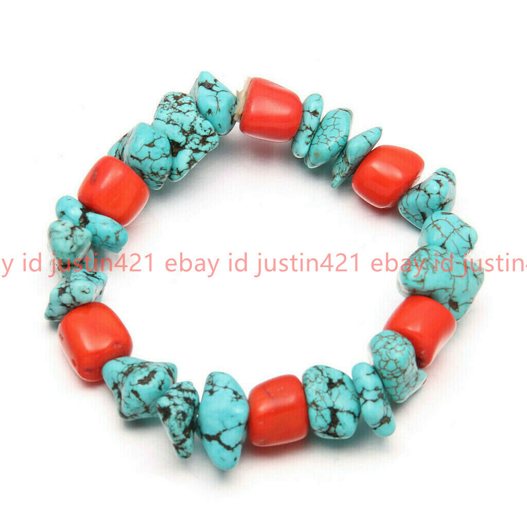 8-16mm Irregular Chip Turquoise & Red Coral Barrel Beads Elastic Bracelet 7.5”