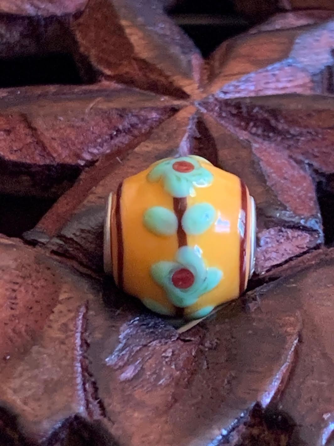 Authentic Trollbeads Event Bead Green Flowers Yellow Mini Barrel ~ One Bead Only