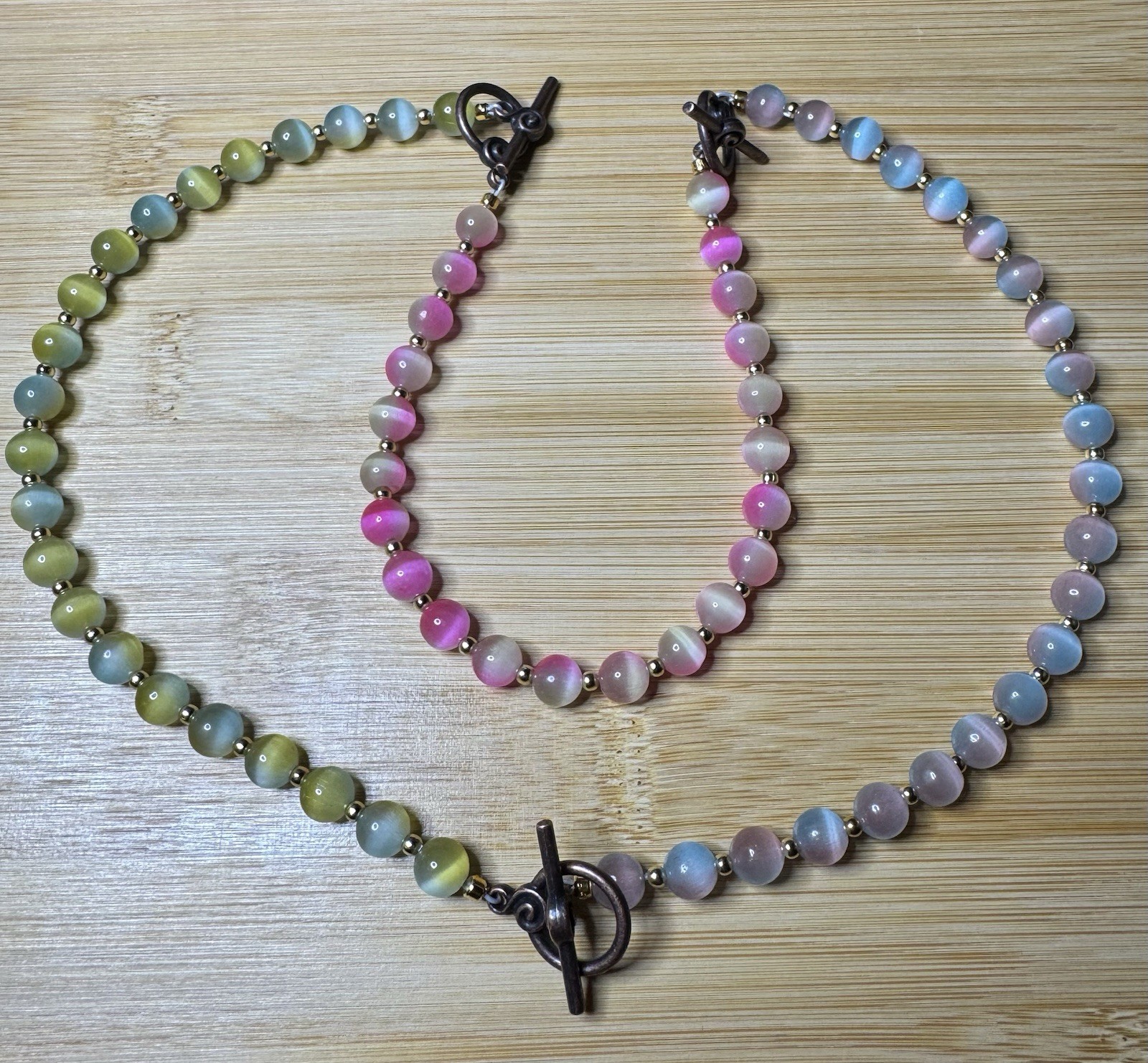 Set of 3 Multicolor Round Beaded Stackable Bracelets Toggle Clasps