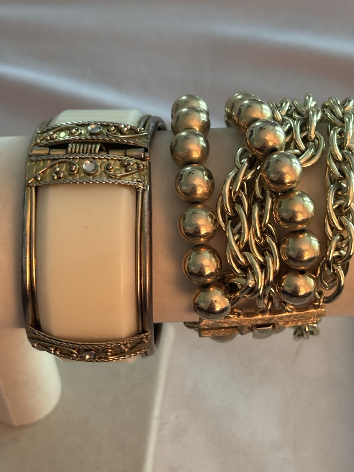 Coro Signed Set of 2 Bracelets: Gold Curb Link Beaded Chain & White Bangle