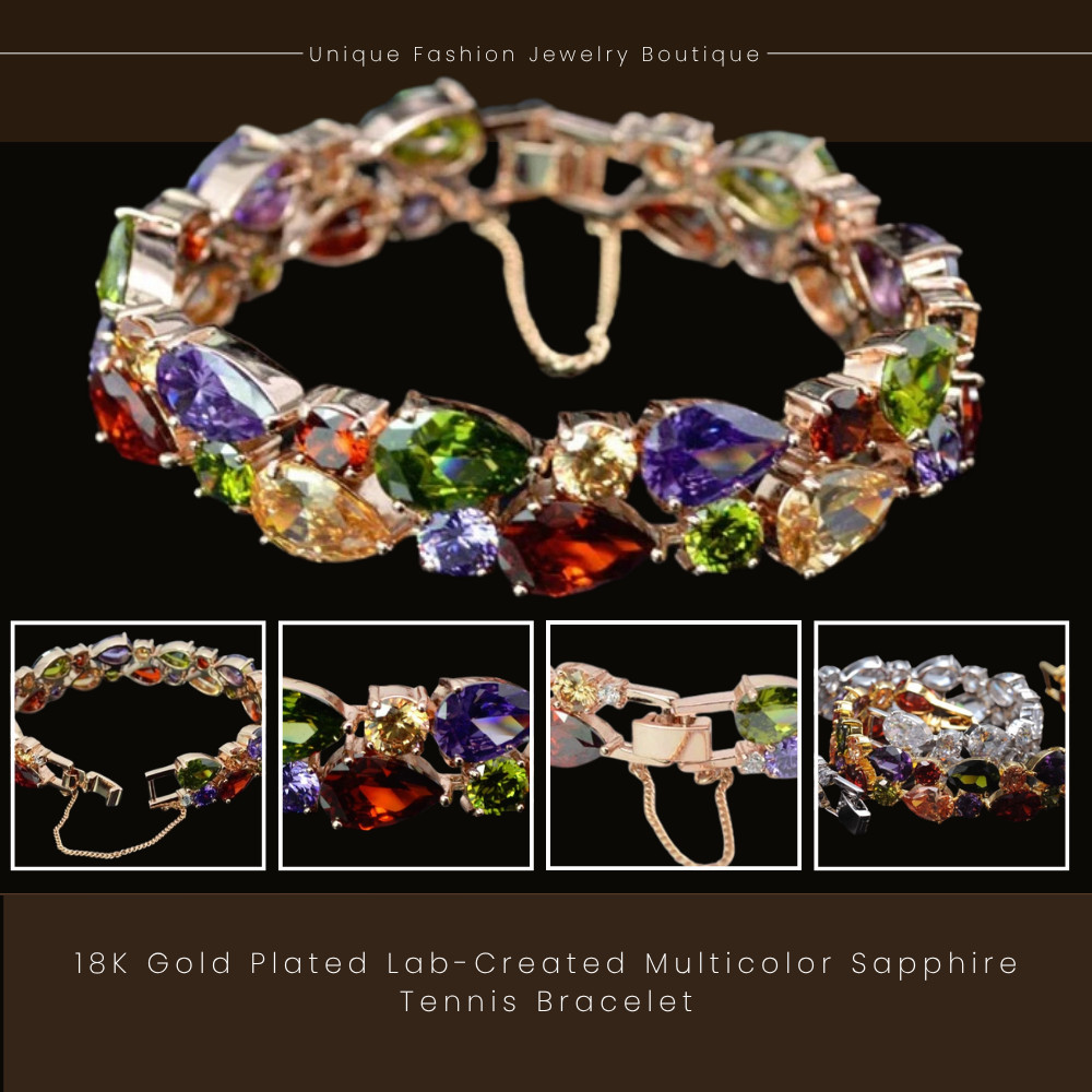 18K Gold Plated Lab-Created Multicolor Sapphire Tennis Bracelet Gorgeous Gift