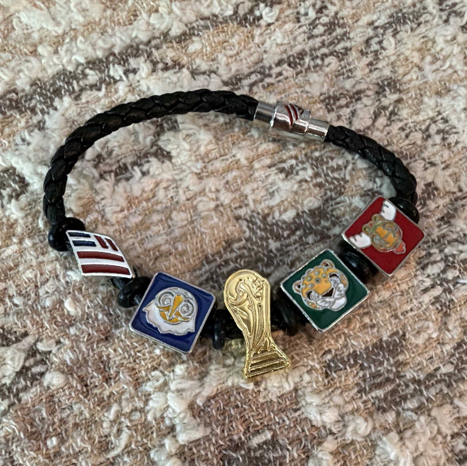 Black Braided Cord Charm Bracelet World Cup Sports Charms Multicolor