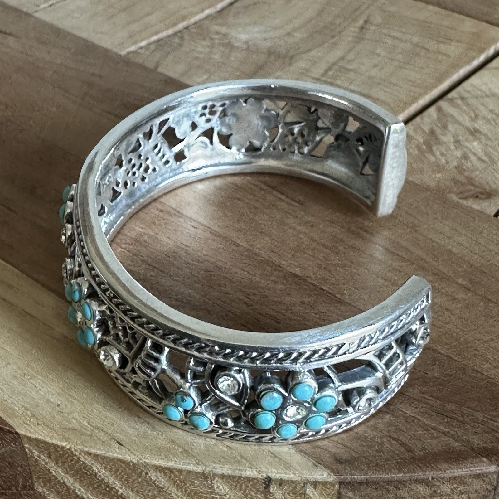 Barse Open Cuff Bracelet 6.5 Inch Turquoise Clear CZ Floral 925 Sterling 53.8g