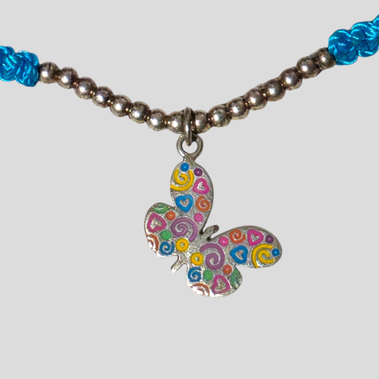 Vintage Butterfly Charm Bracelet Adjustable Blue Cord Enamel Sterling Silver 925