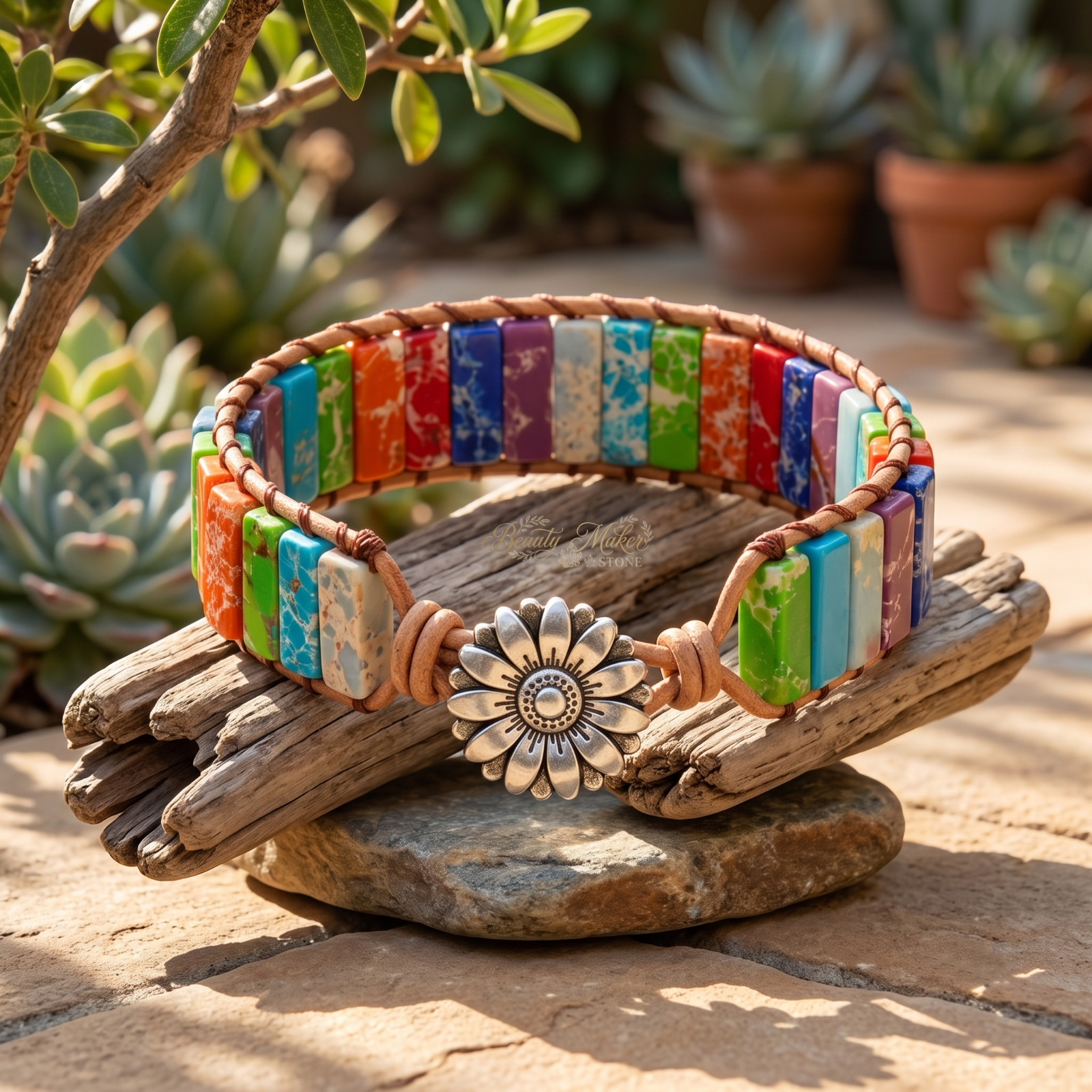 Natural Rainbow Jasper Chakra Bracelet Bohemian Leather Wrap Spiritual Jewelry